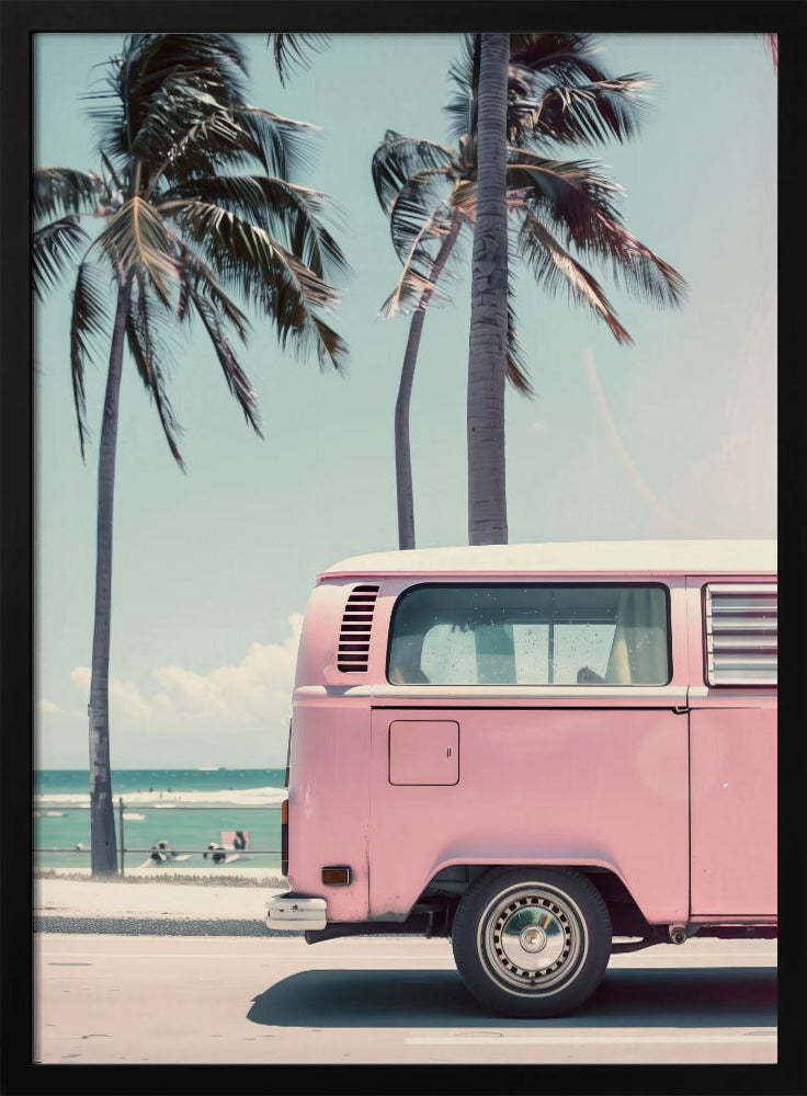 Pink Bus By the Beach Poster