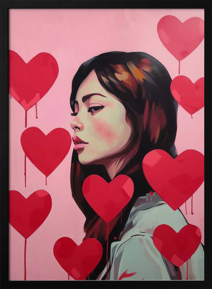 Portrait Of A Woman Surrounded By Red Hearts Poster