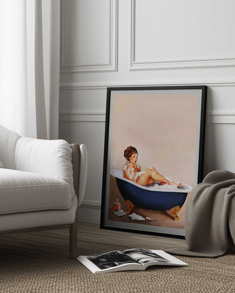 Bathtub Drinks: Pinup Girl Drinking In Bathroom Poster