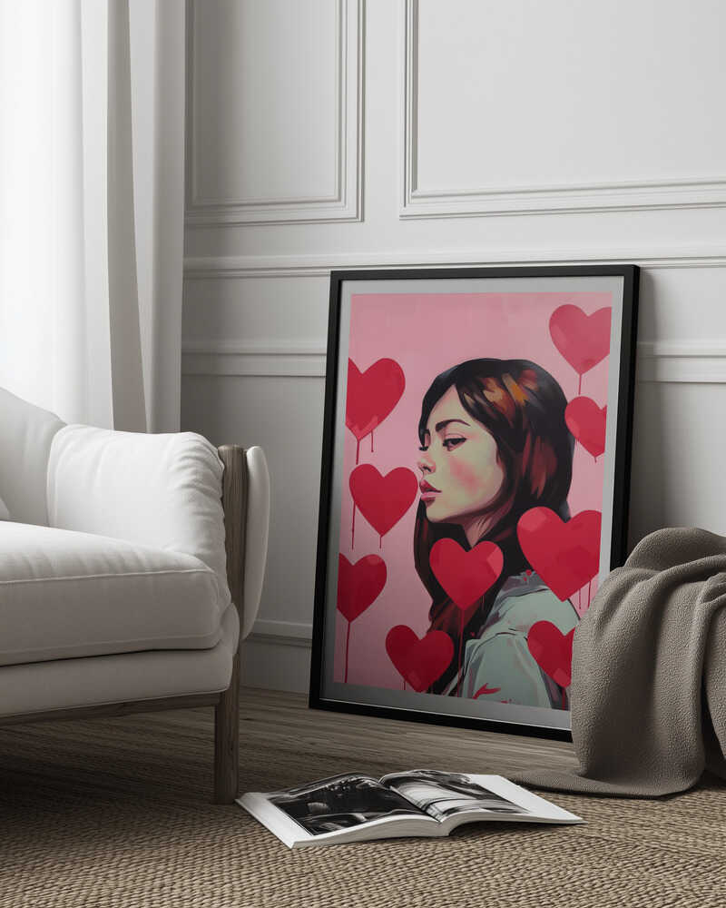 Portrait Of A Woman Surrounded By Red Hearts Poster