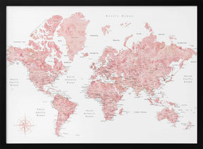 Pink watercolor world map with cities, Alheli Poster