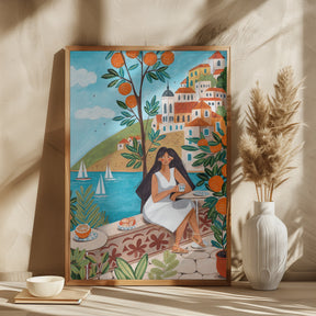 Travel poster woman in Mediterranean coast Poster