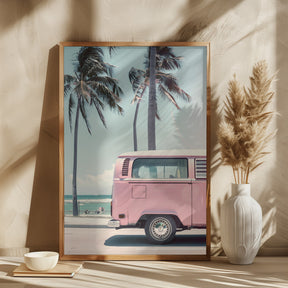 Pink Bus By the Beach Poster