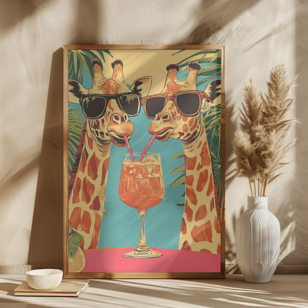 Giraffes Sharing a Drink Poster