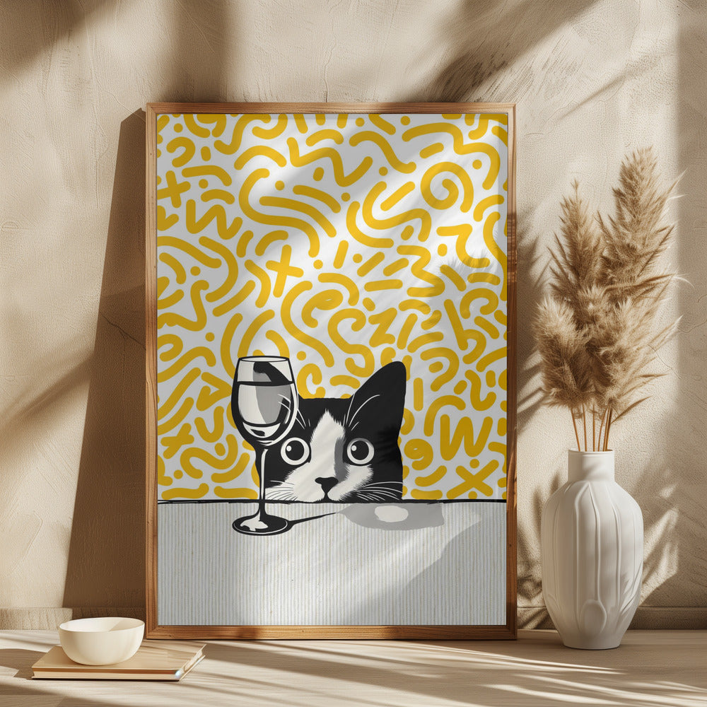 Cat and No Wine On Mustard Background Poster