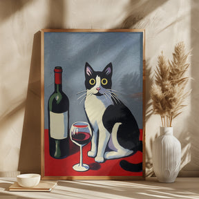 Black and White Cat On Red Table Poster