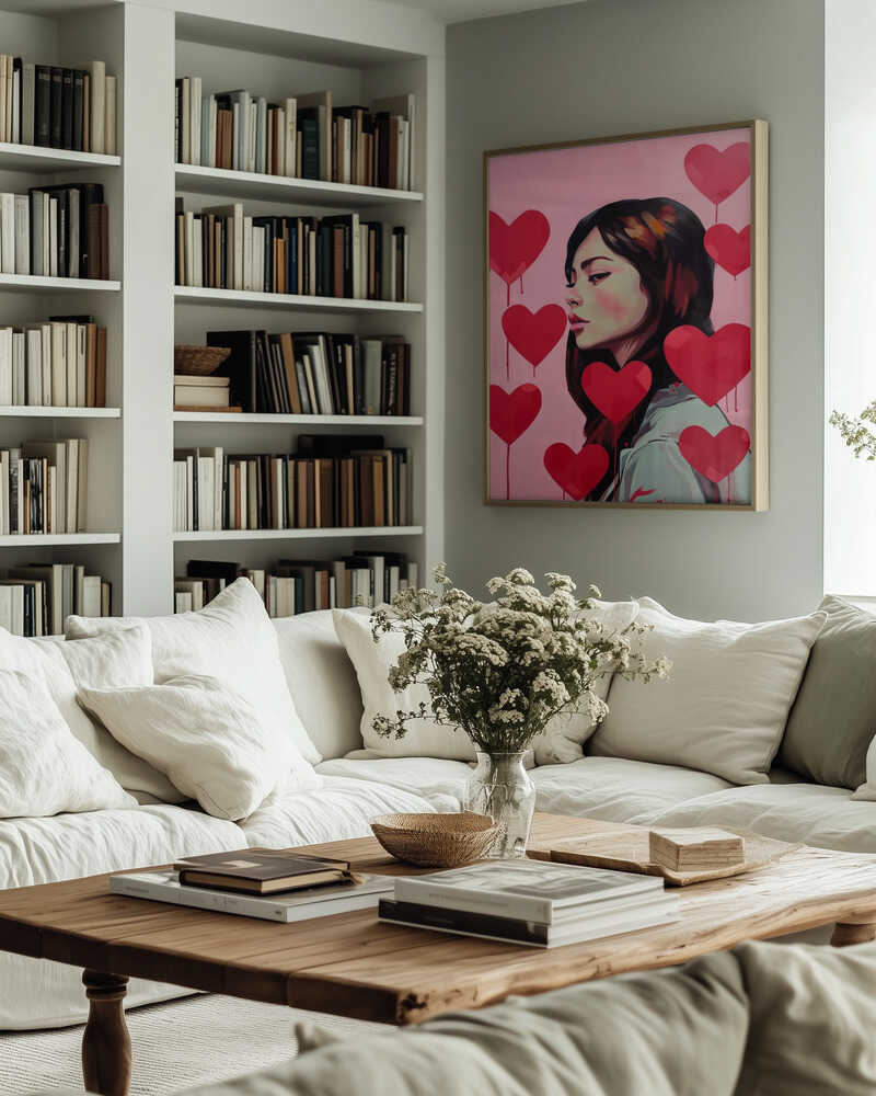 Portrait Of A Woman Surrounded By Red Hearts Poster