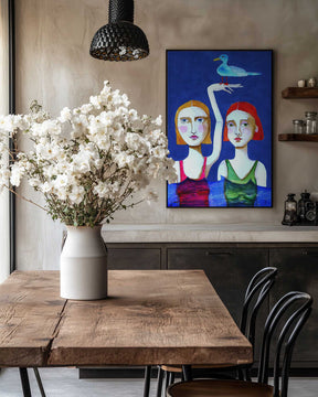 Swimming Ladies with Blue Bird Poster