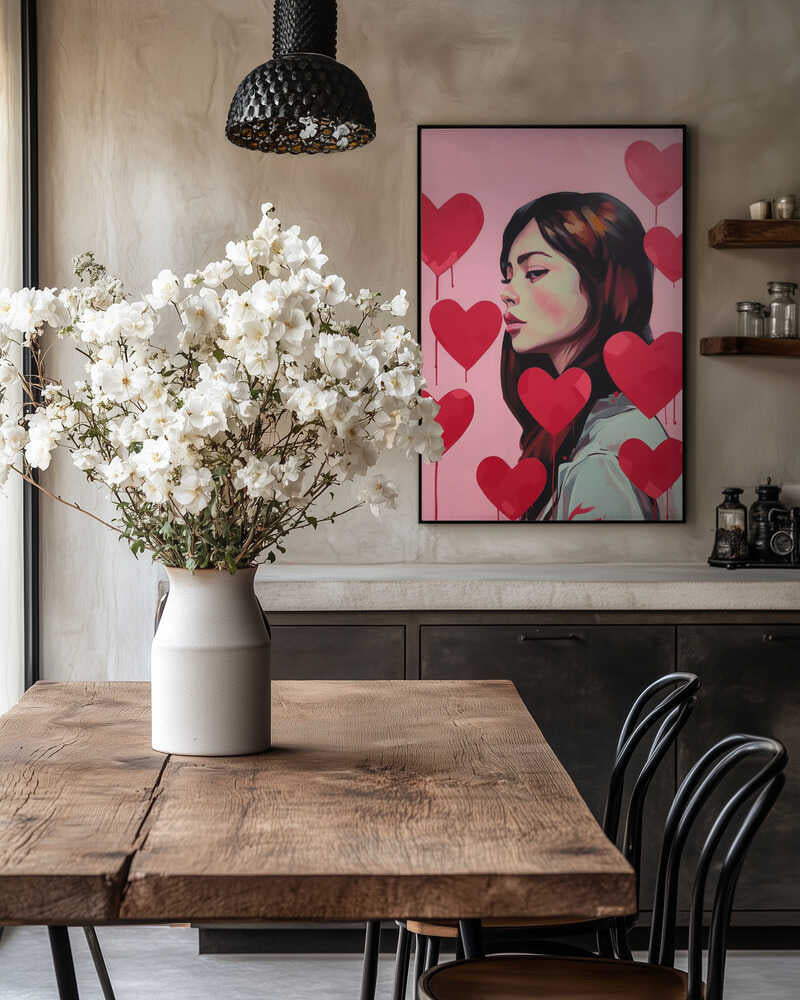 Portrait Of A Woman Surrounded By Red Hearts Poster