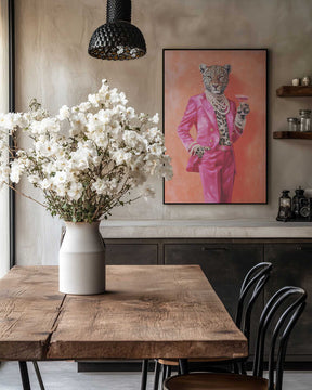 Leopard Dressed In Pink Satin Suit Poster