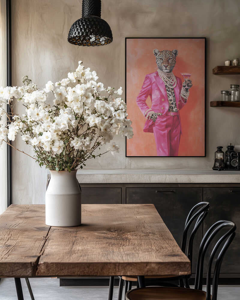 Leopard Dressed In Pink Satin Suit Poster