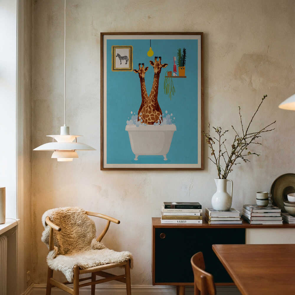 Giraffes In Bath Poster