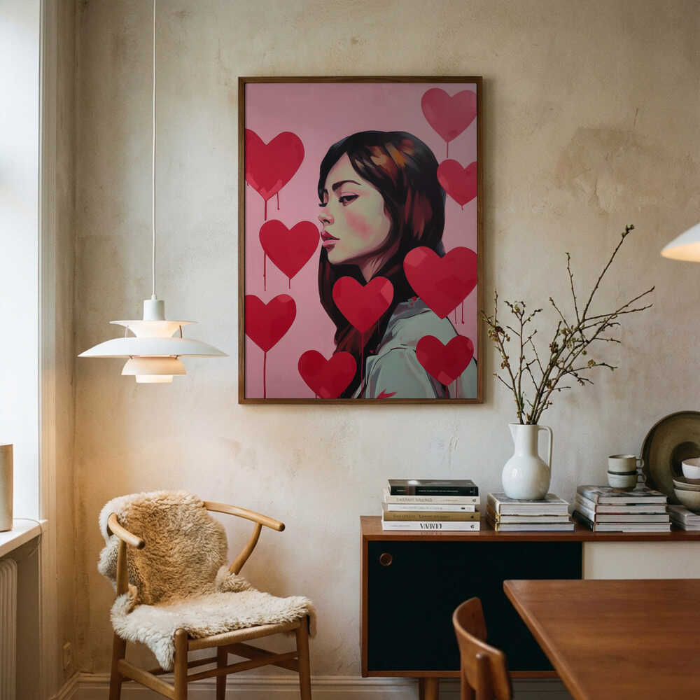 Portrait Of A Woman Surrounded By Red Hearts Poster