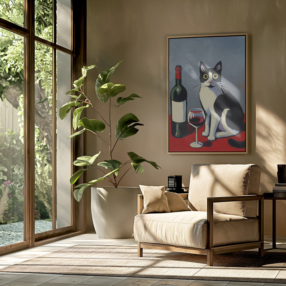 Black and White Cat On Red Table Poster