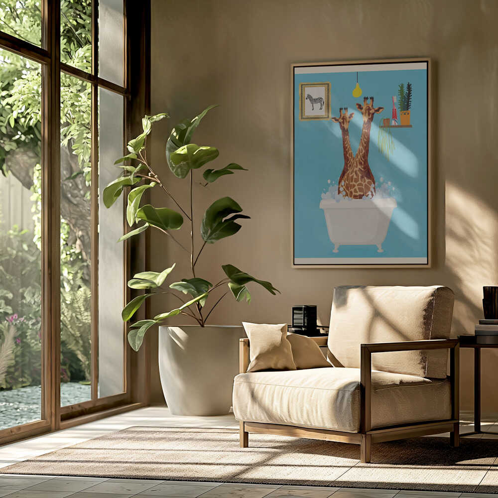 Giraffes In Bath Poster