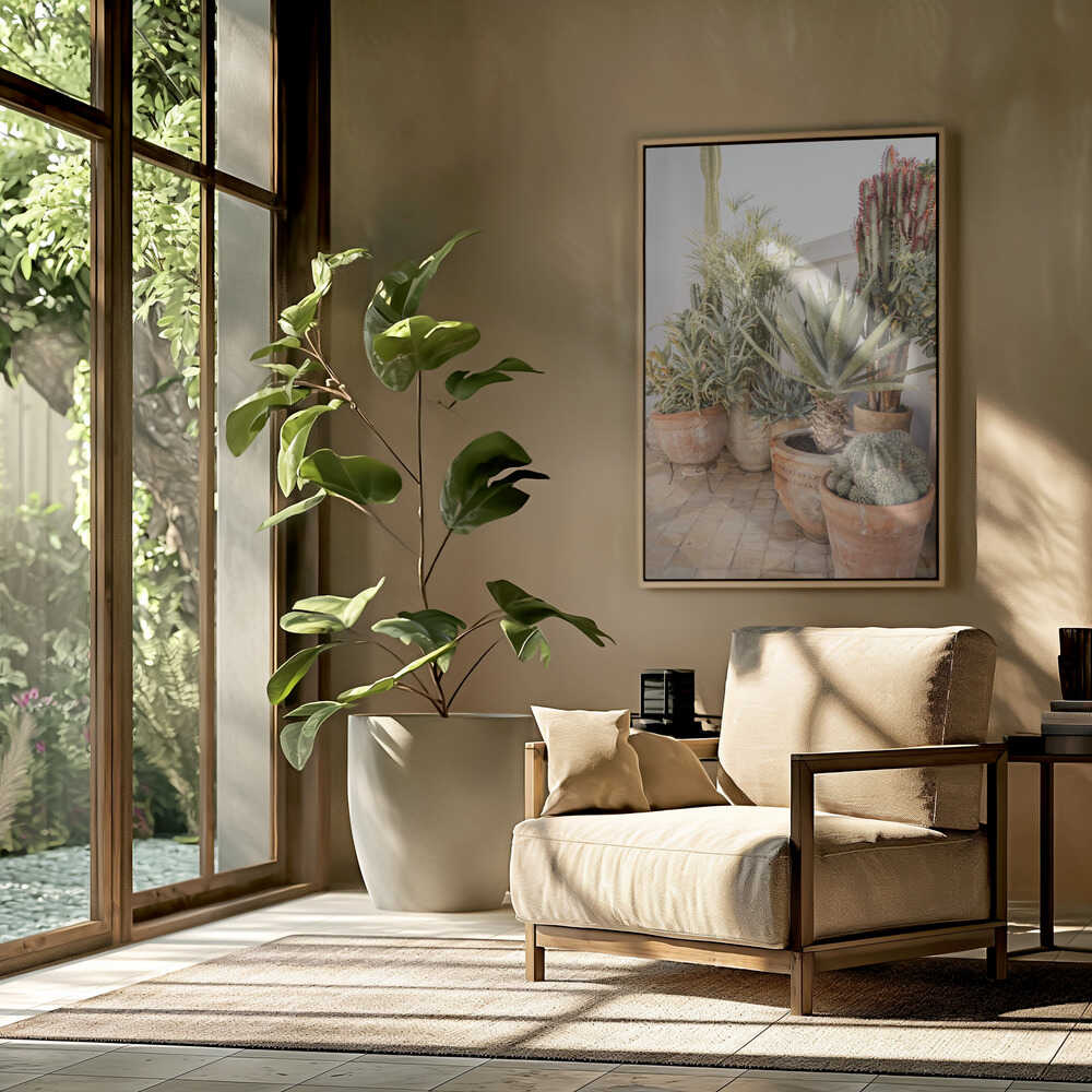 Garden with Various Potted Succulents and Cacti Poster