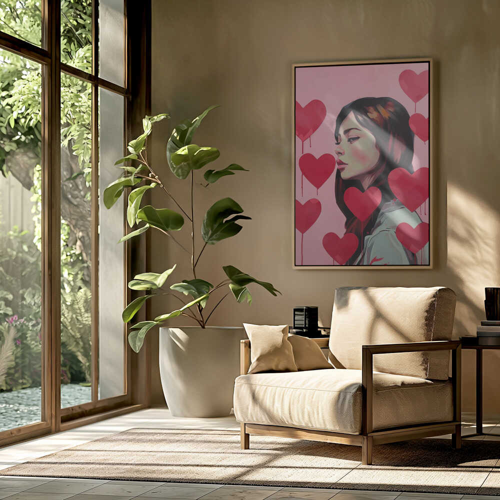 Portrait Of A Woman Surrounded By Red Hearts Poster