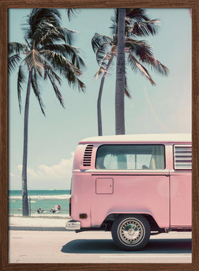 Pink Bus By the Beach Poster