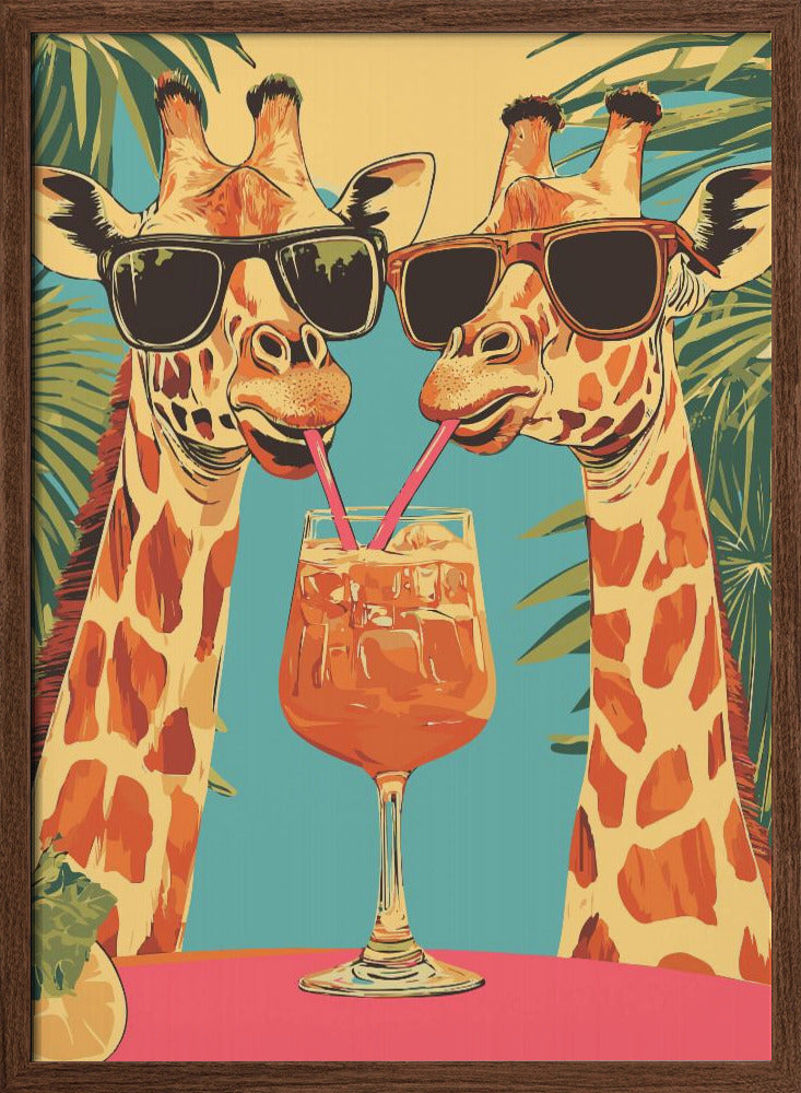 Giraffes Sharing a Drink Poster