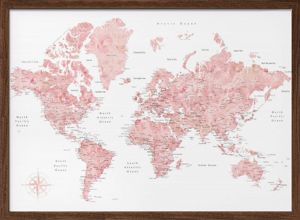 Pink watercolor world map with cities, Alheli Poster