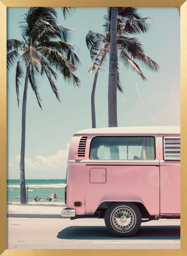 Pink Bus By the Beach Poster