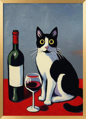 Black and White Cat On Red Table Poster