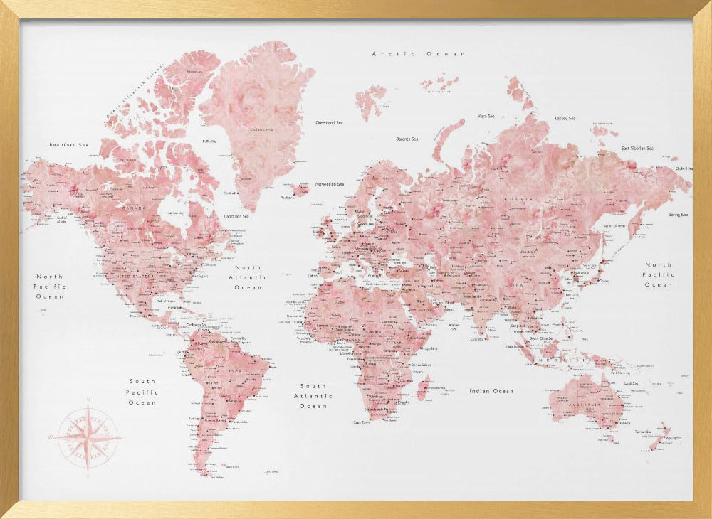 Pink watercolor world map with cities, Alheli Poster