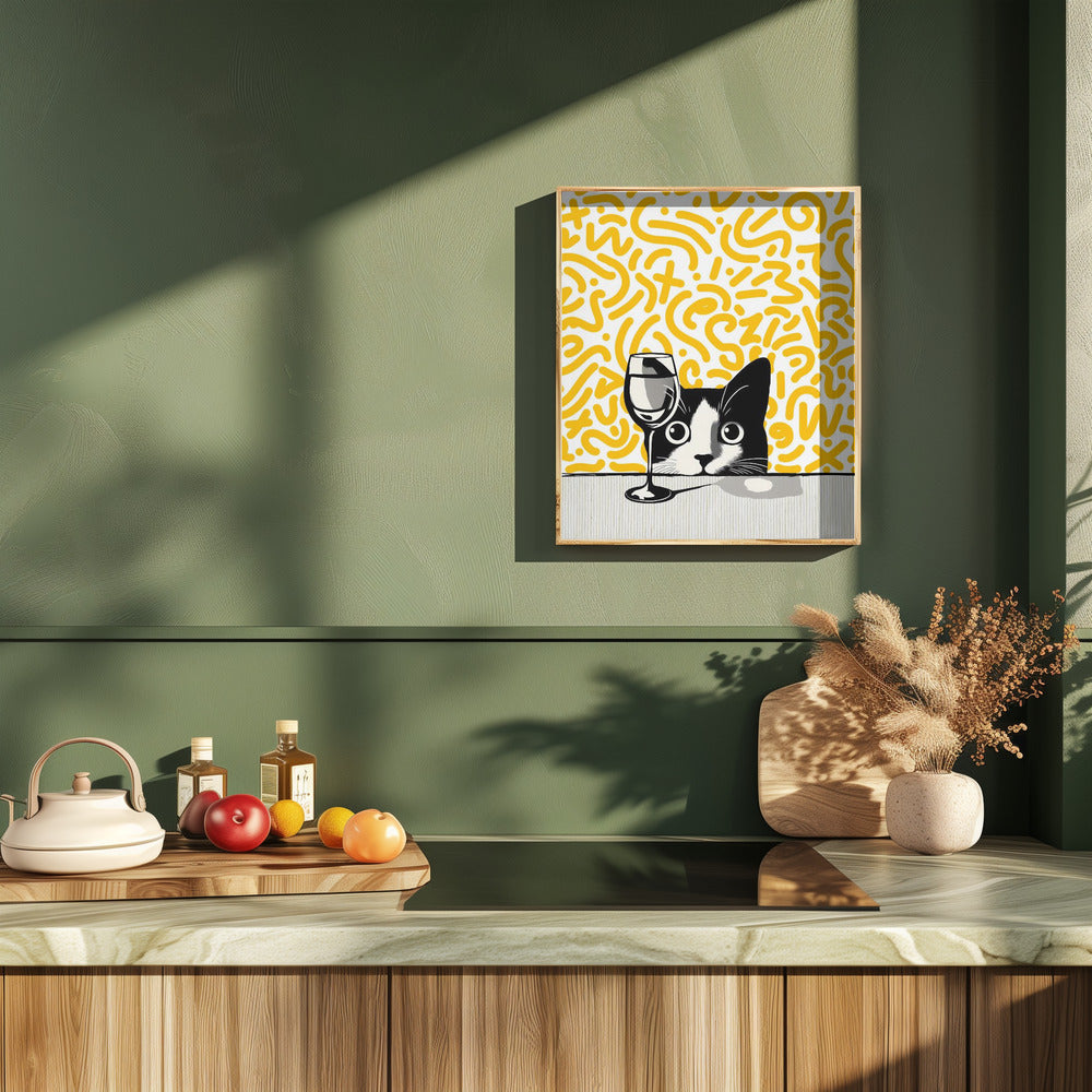 Cat and No Wine On Mustard Background Poster