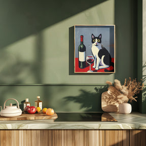 Black and White Cat On Red Table Poster