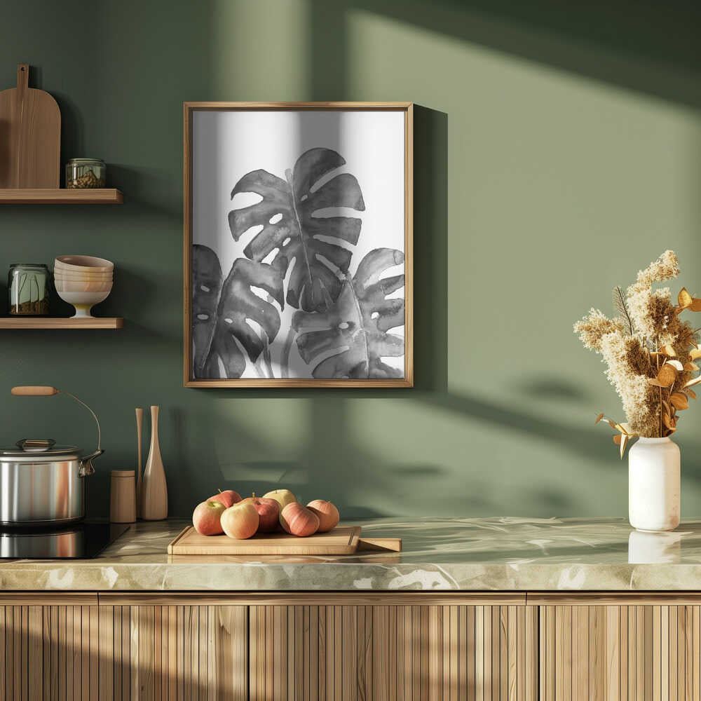Monstera leaves in loose watercolor bw Poster