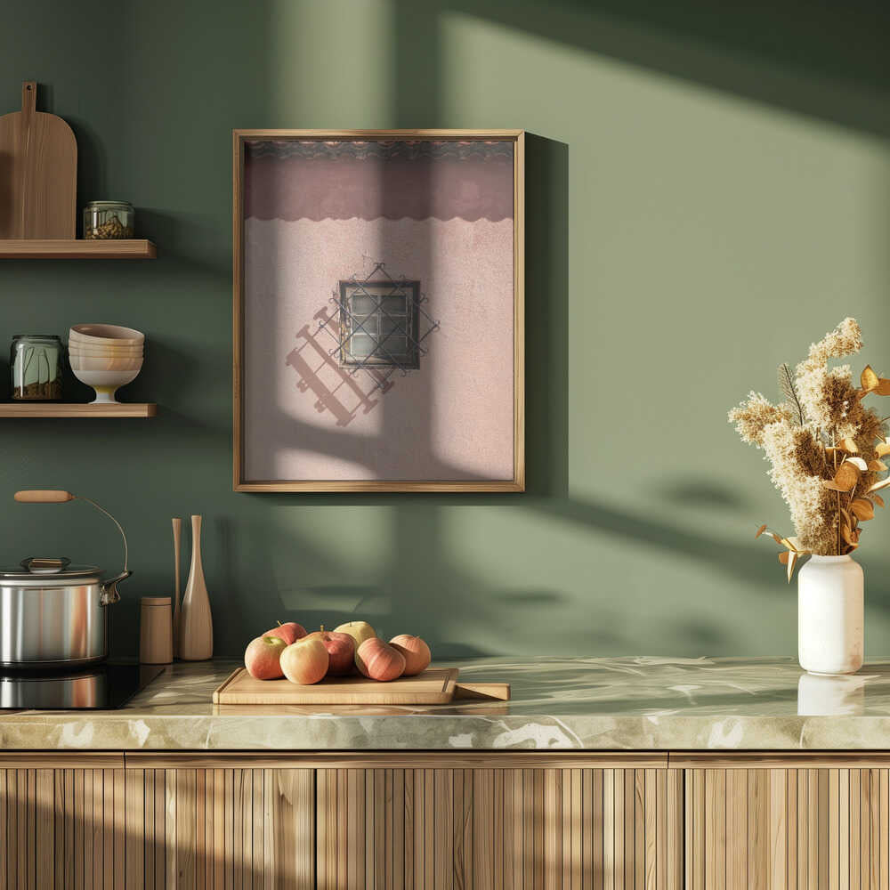 Rustic Pink Wall With A Vintage Window Poster