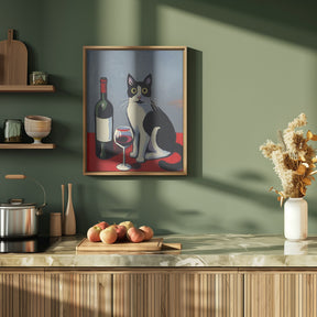 Black and White Cat On Red Table Poster