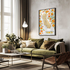 California map with watercolor poppies Poster