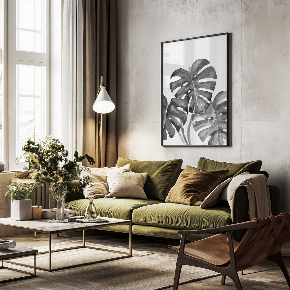 Monstera leaves in loose watercolor bw Poster