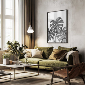 Monstera leaves in loose watercolor bw Poster