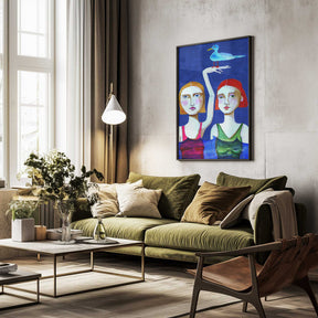 Swimming Ladies with Blue Bird Poster