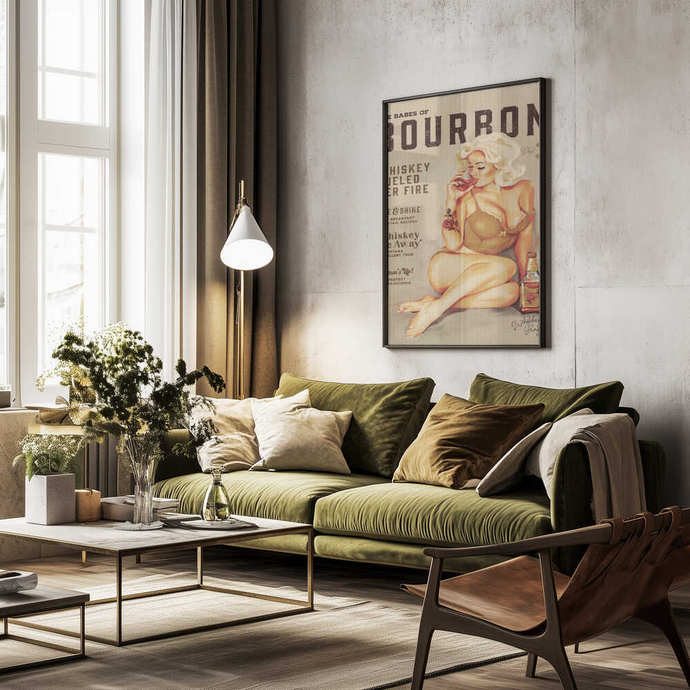 Bourbon Wall Art. Sexy Vintage Pin Up Girl Drinking Whiskey Poster