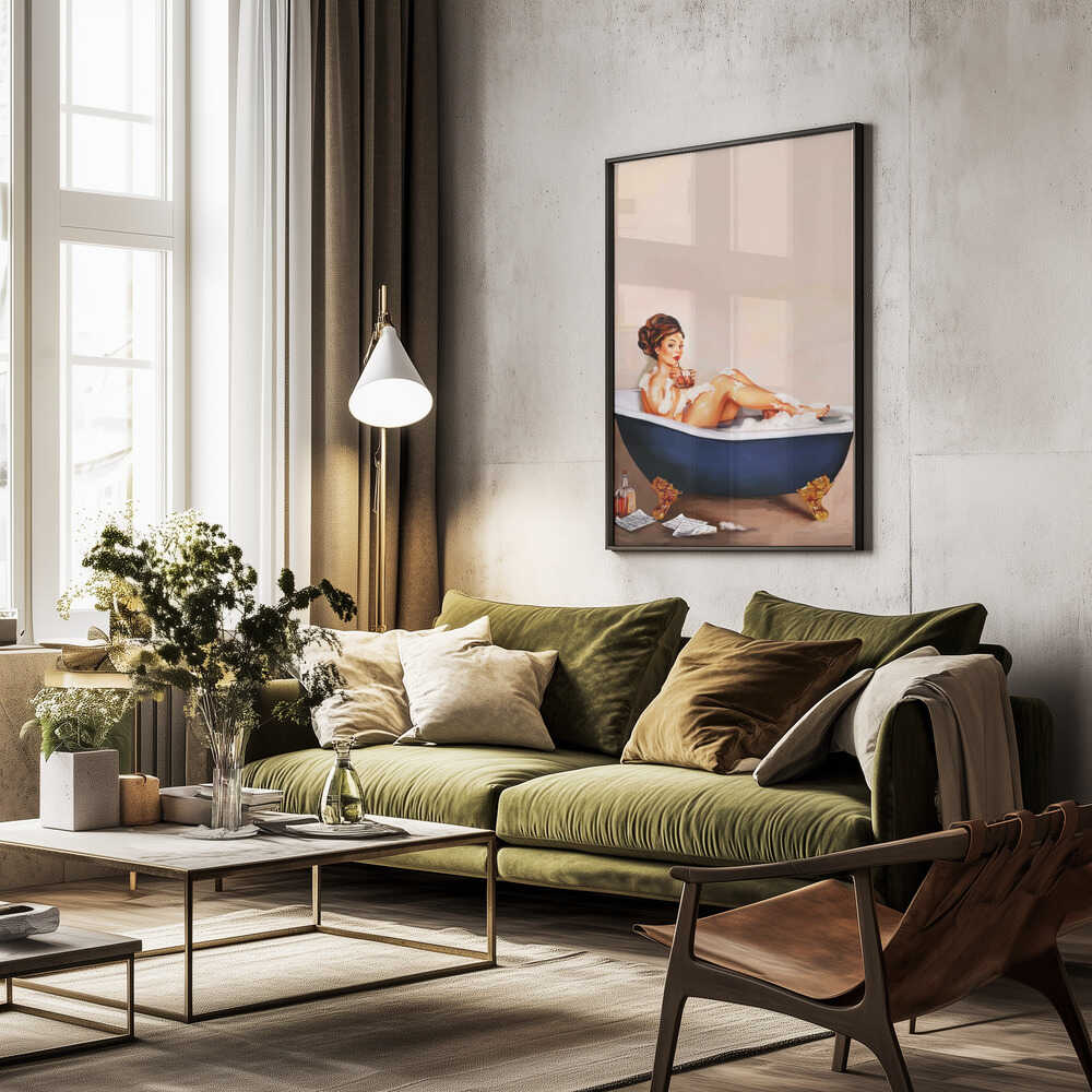 Bathtub Drinks: Pinup Girl Drinking In Bathroom Poster