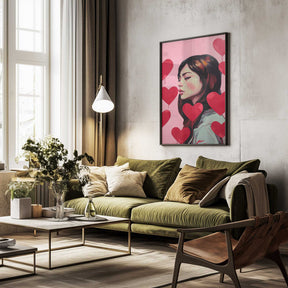 Portrait Of A Woman Surrounded By Red Hearts Poster