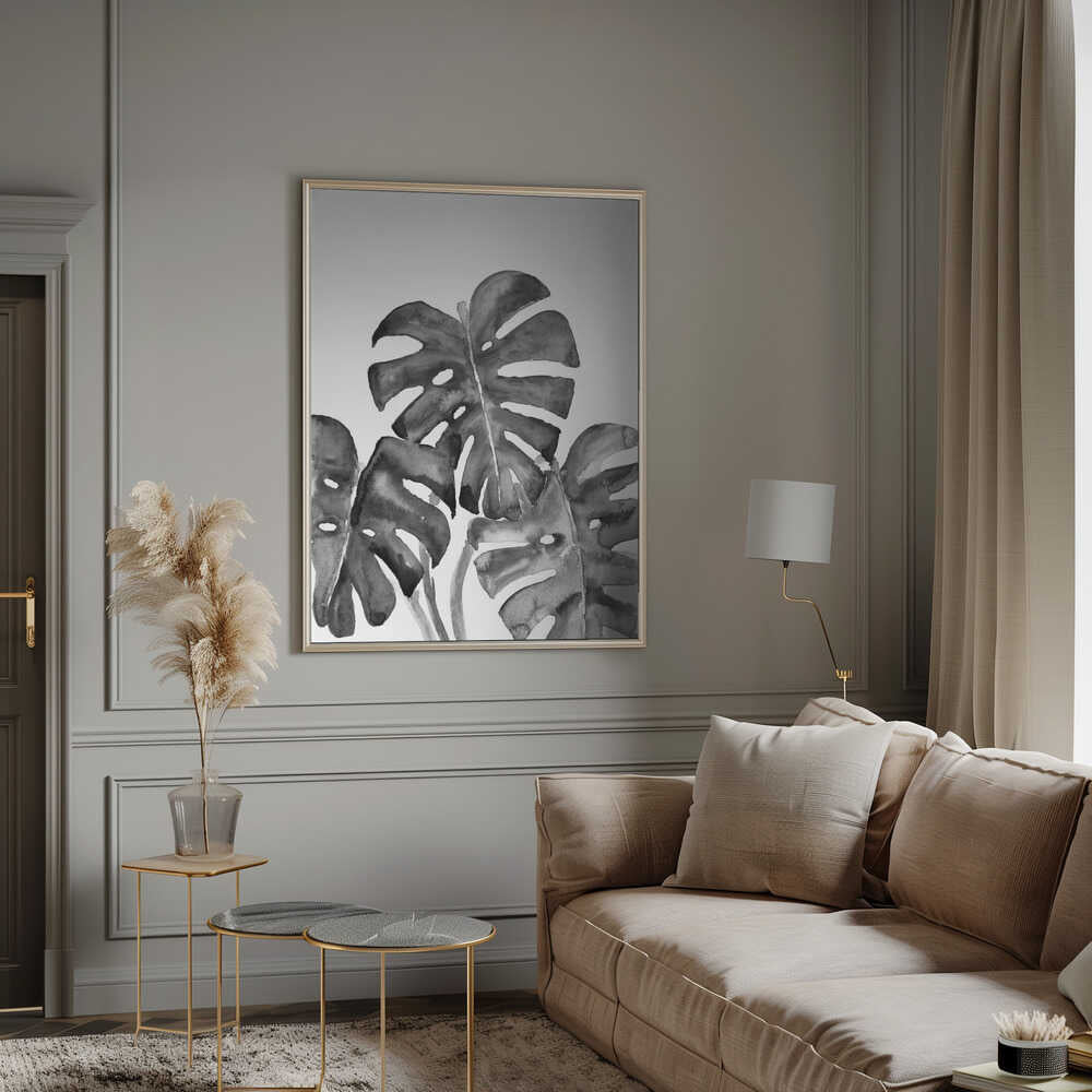 Monstera leaves in loose watercolor bw Poster