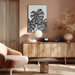 Monstera leaves in loose watercolor bw Poster