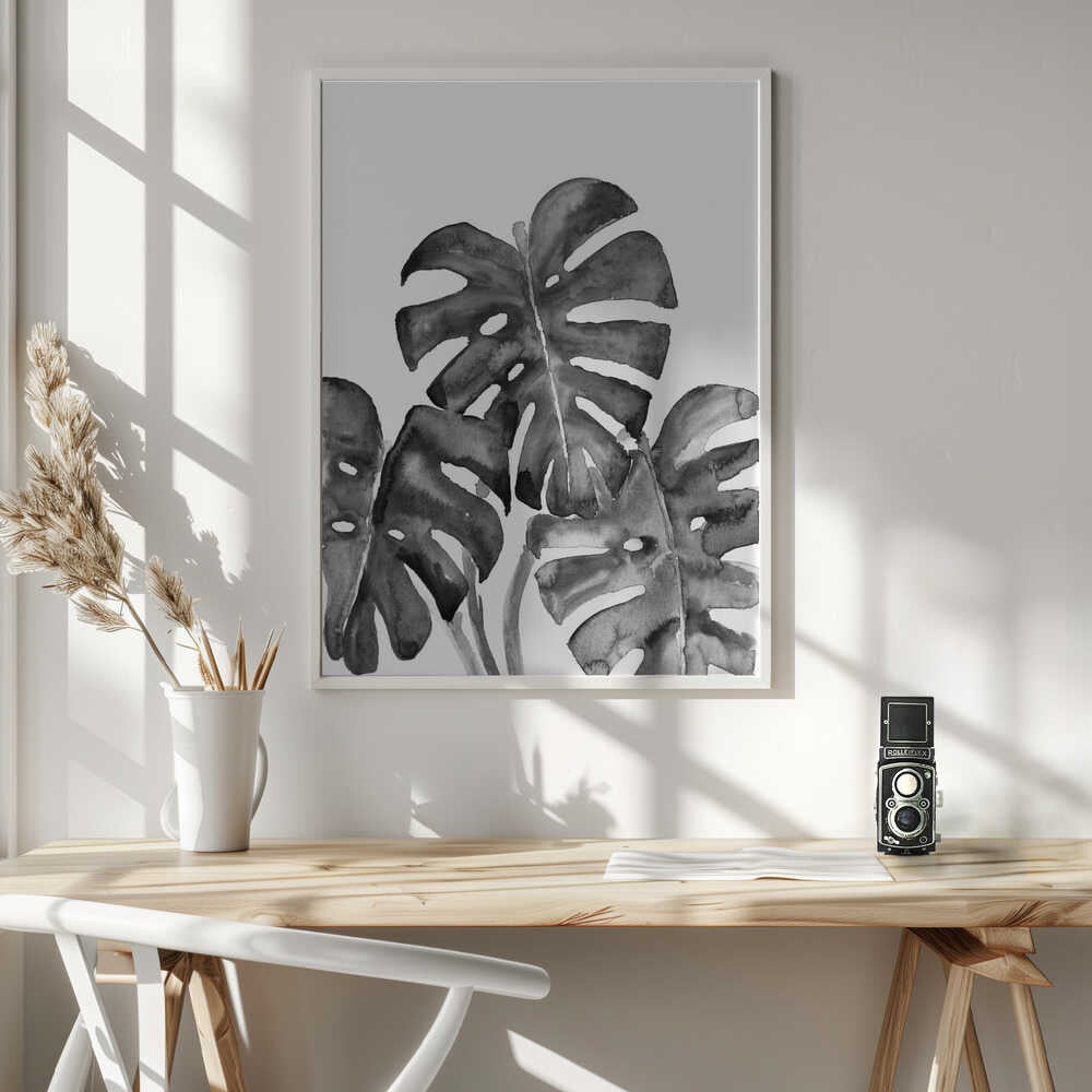 Monstera leaves in loose watercolor bw Poster