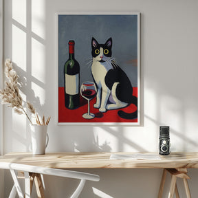 Black and White Cat On Red Table Poster