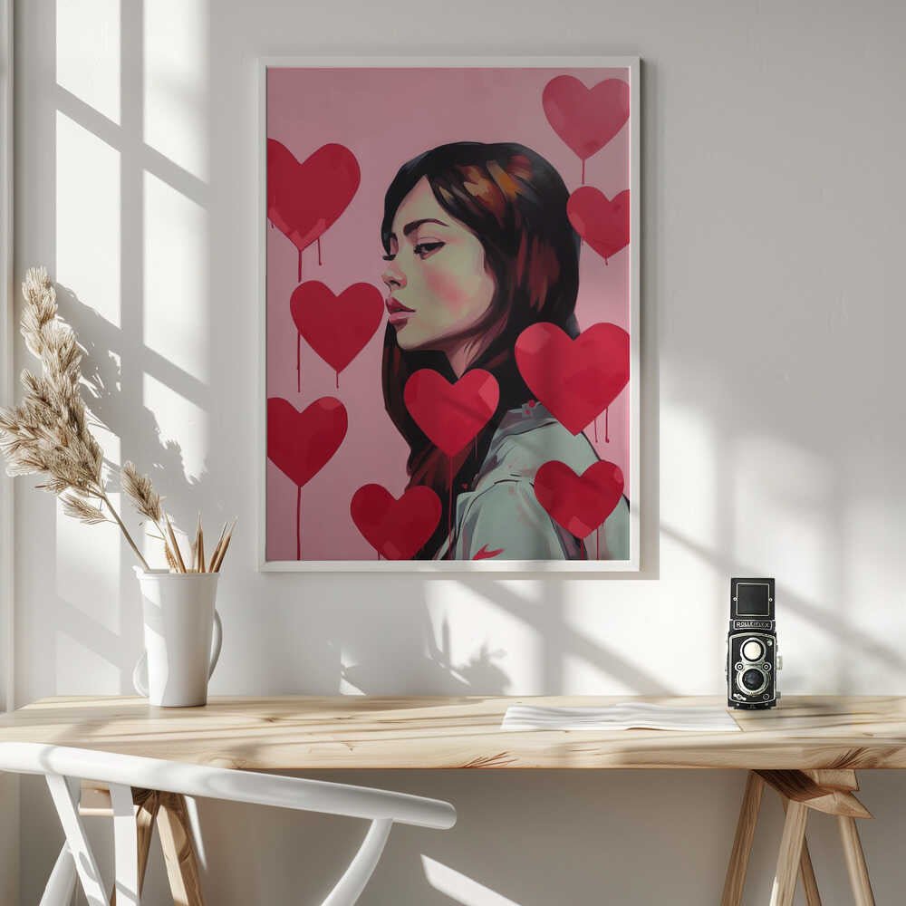 Portrait Of A Woman Surrounded By Red Hearts Poster