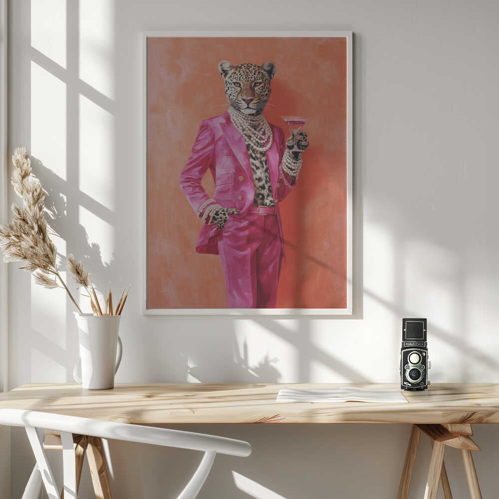 Leopard Dressed In Pink Satin Suit Poster