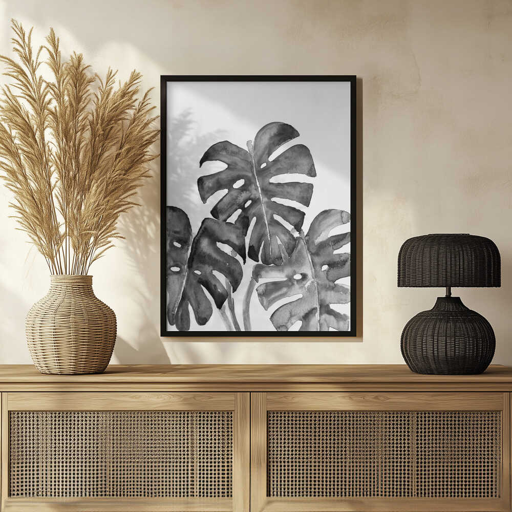 Monstera leaves in loose watercolor bw Poster