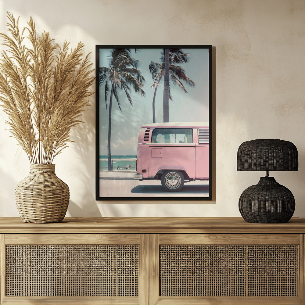 Pink Bus By the Beach Poster