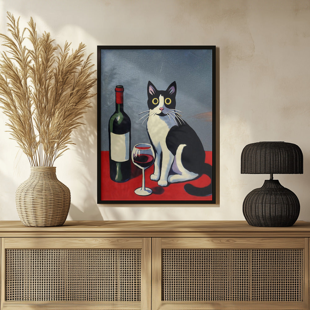 Black and White Cat On Red Table Poster