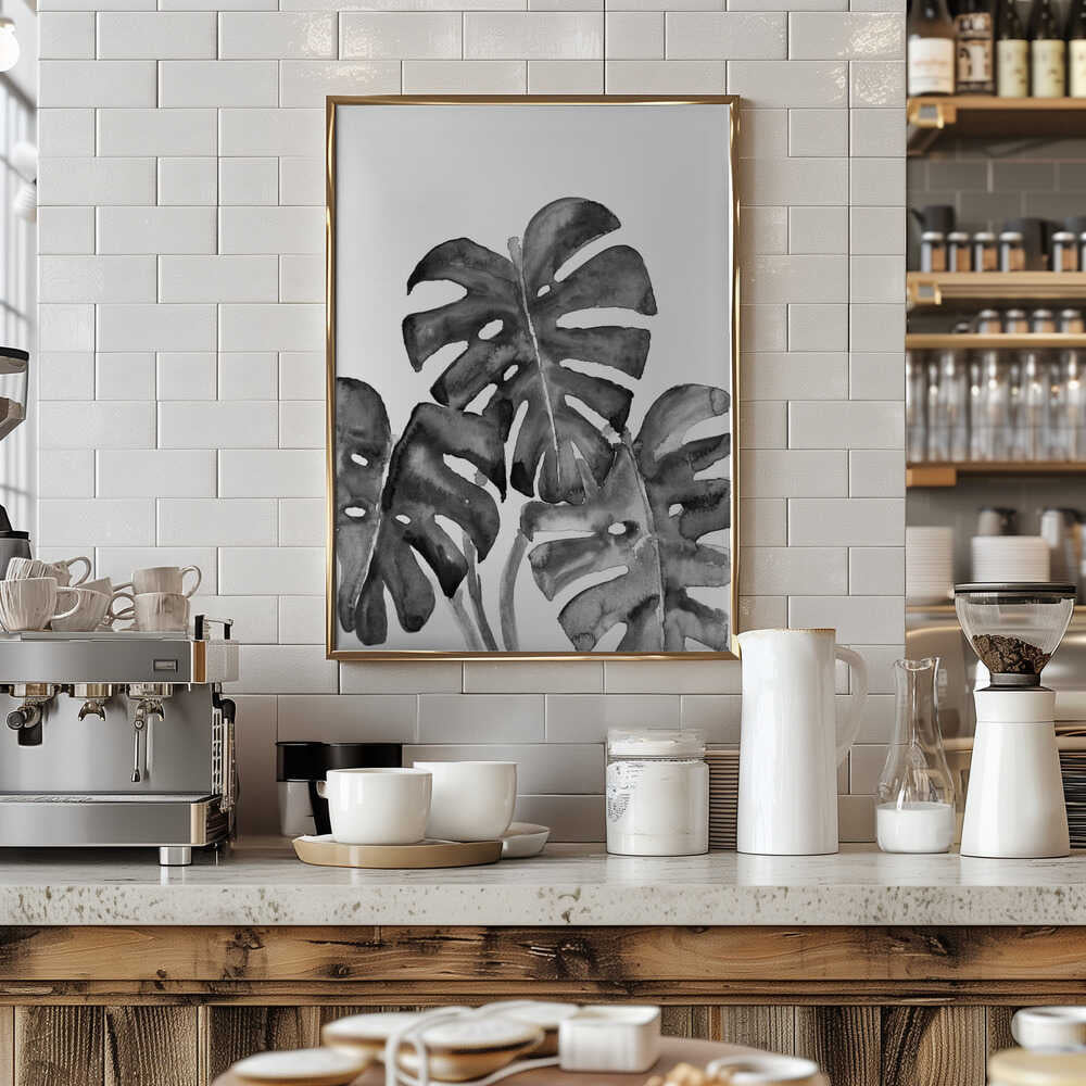 Monstera leaves in loose watercolor bw Poster