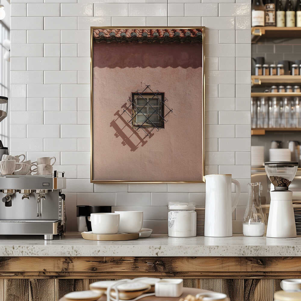 Rustic Pink Wall With A Vintage Window Poster
